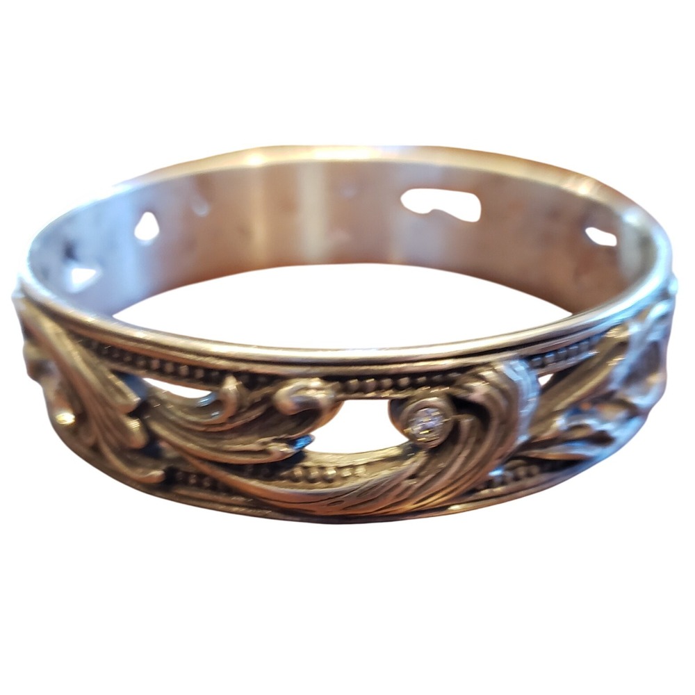 Brighton Vintage Silver Tone Filigree Floral Band Ring with Rhinestone Accent‎